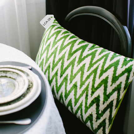 Green Silk Velvet Ikat Pillow Cover