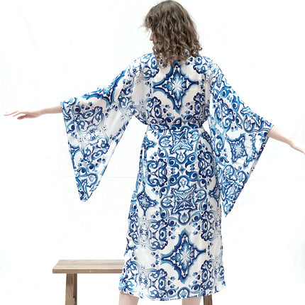 Silky Tile Satin Patterned Bat Sleeve Kimono Dressing Gown