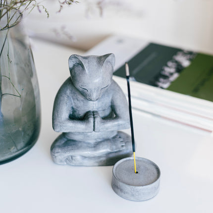 Concrete Meditation Cat Incense Burner Set