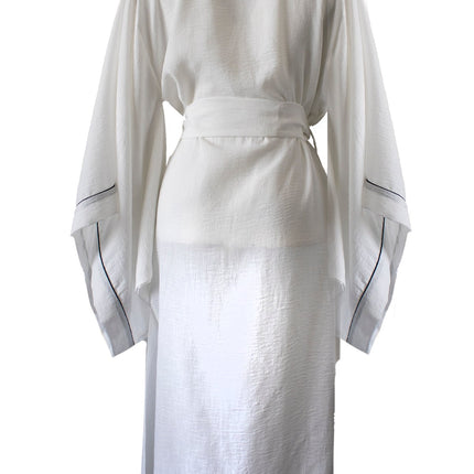 White Color 100% Linen Black Piped Bat Sleeve Kimono Dressing Gown