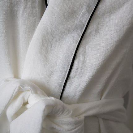 White Color 100% Linen Black Piped Bat Sleeve Kimono Dressing Gown