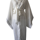 White Color 100% Linen Black Piped Bat Sleeve Kimono Dressing Gown