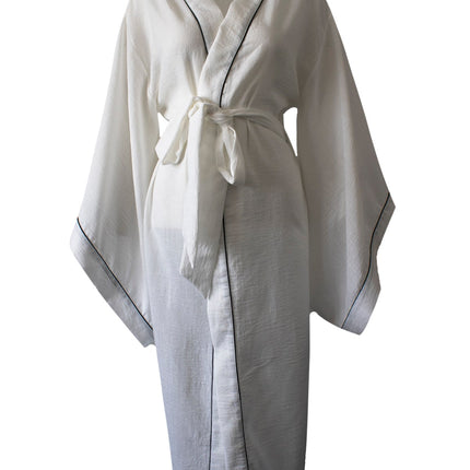 White Color 100% Linen Black Piped Bat Sleeve Kimono Dressing Gown