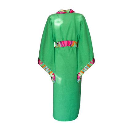 Ham Keten Yeşil Desenli Yarasa Kol Kimono-Mita Concept-nowshopfun