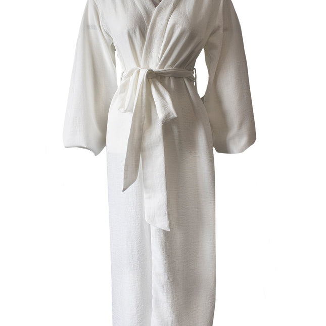 100% Linen White Balloon Sleeve Kimono Dressing Gown