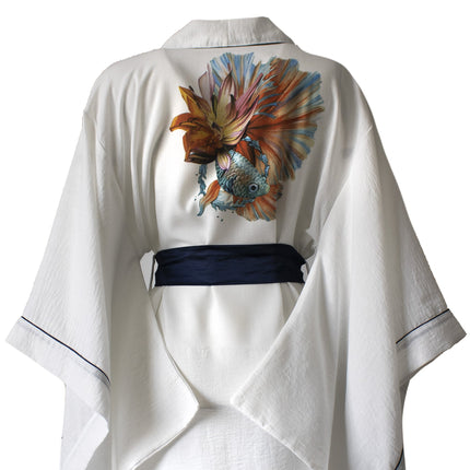 White Color 100% Raw Linen Navy Blue Piping Square Sleeve Kimono Dressing Gown