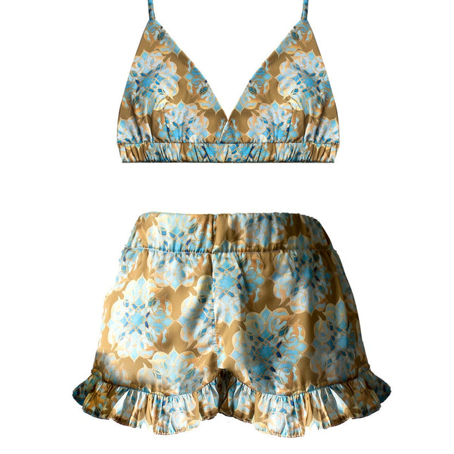 Silk Patterned Crop Top Shorts Set