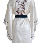 Silky Ecru Navy Blue Piping Bat Sleeve Kimono Dressing Gown