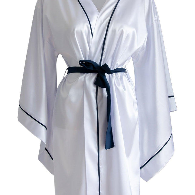 İpeksi Saten Beyaz Lacivert Biyeli Yarasa Kol Kimono Sabahlık-Mita Concept-nowshopfun