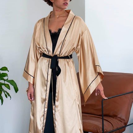 İpeksi Saten Gold Siyah Biyeli Yarasa Kol Kimono Sabahlık-Mita Concept-nowshopfun