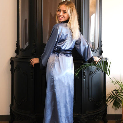 İpeksi Saten Mavi Düz Kol Kimono ve Pantolonlu Bluz Takımı-Mita Concept-nowshopfun