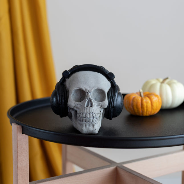 Concrete Black Skull with Headphones Figurine