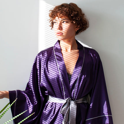 Mor Saten Gri Biyeli Yarasa Kol Kimono Sabahlık-Mita Concept-nowshopfun