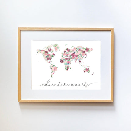 World Map with Dark Pinky Flowers Tablo-Little Forest Animals-nowshopfun