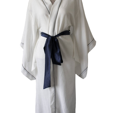 White Color 100% Raw Linen Navy Blue Piping Square Sleeve Kimono Dressing Gown